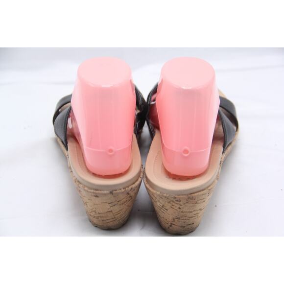 Crocs A Leigh Sandals Womens Sz 10 Black Leather Cork Wedge Heel Slip On Slide - Picture 4 of 7